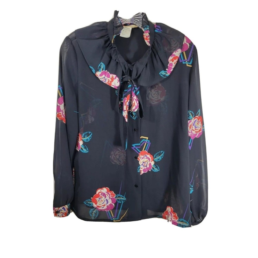 KAKI ROBERTS size 16 sheer Ruffle black flower VINTAGE 80's blouse shirt top